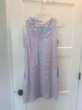 Tommy Bahama Sleeveless Blue & Pink Shift Dress with Ruffle V-Neck